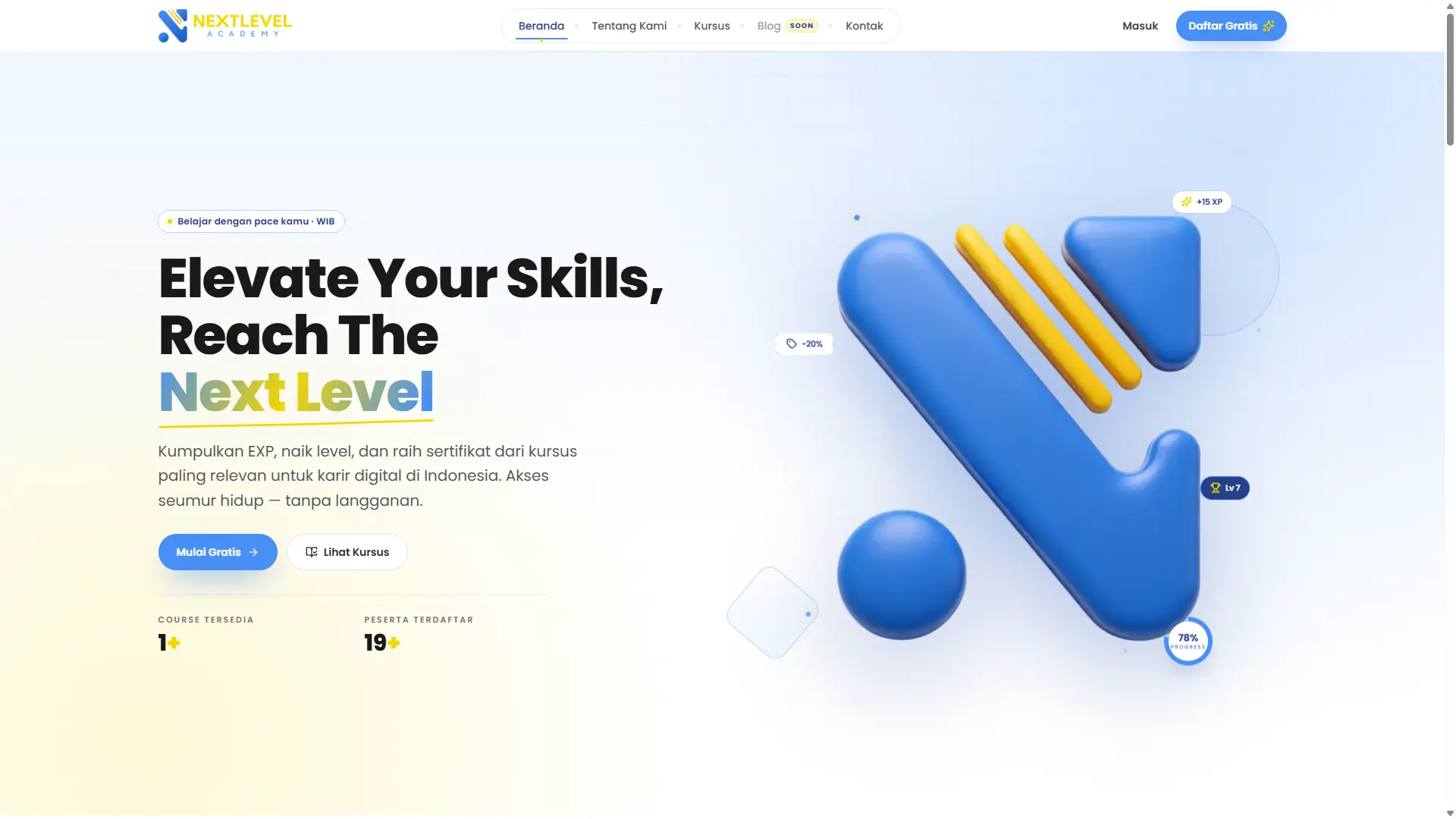 NextLevel Academy public landing page and hero showcase